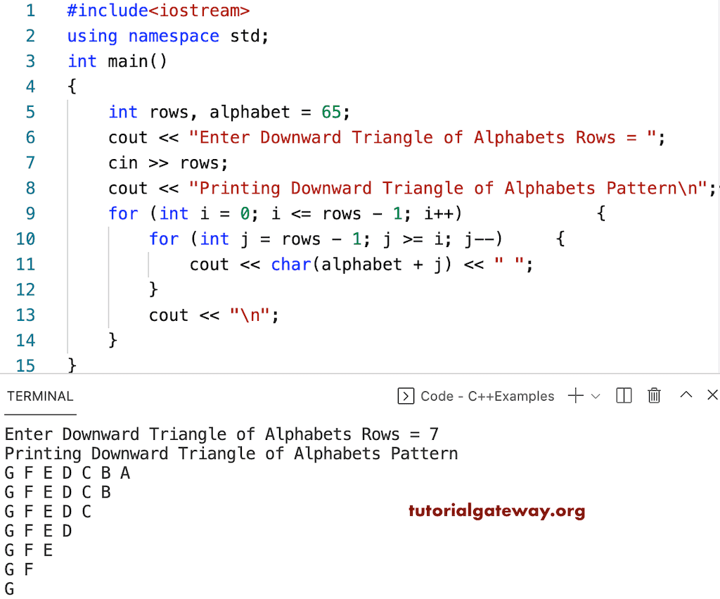 C++ Program to Print Downward Triangle Alphabets Pattern