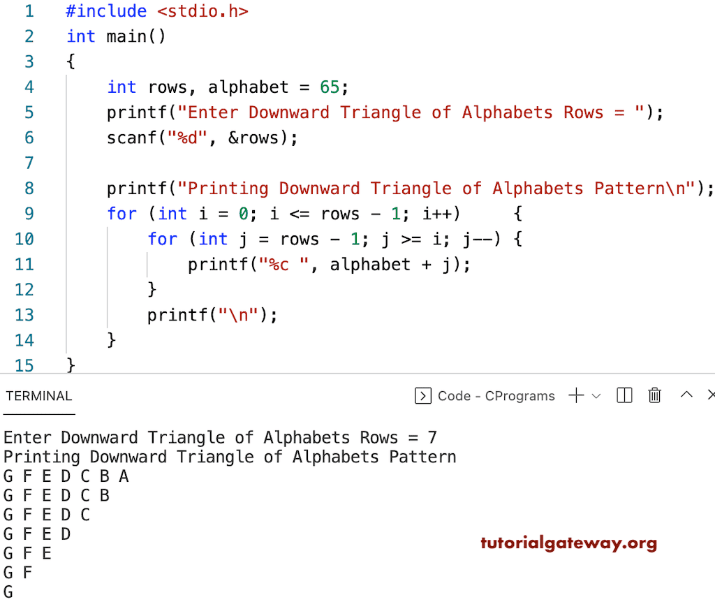 C Program to Print Downward Triangle Alphabets Pattern