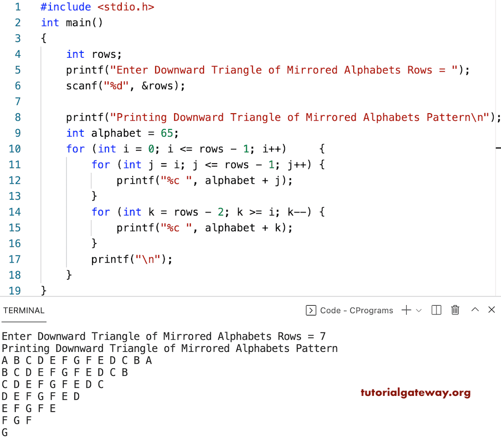 C Program to Print Downward Triangle Mirrored Alphabets Pattern