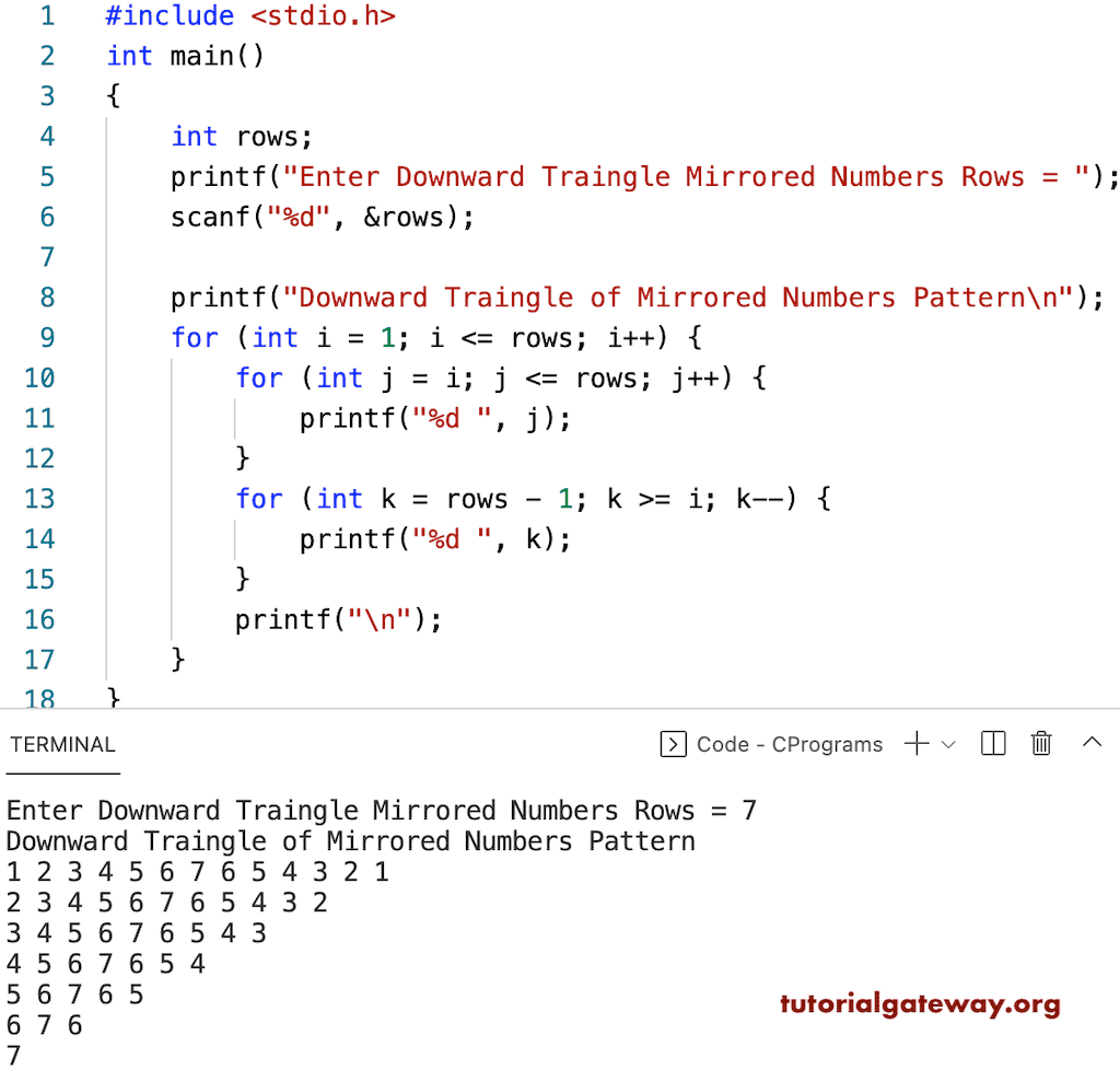 C Program to Print Downward Triangle Mirrored Numbers Pattern