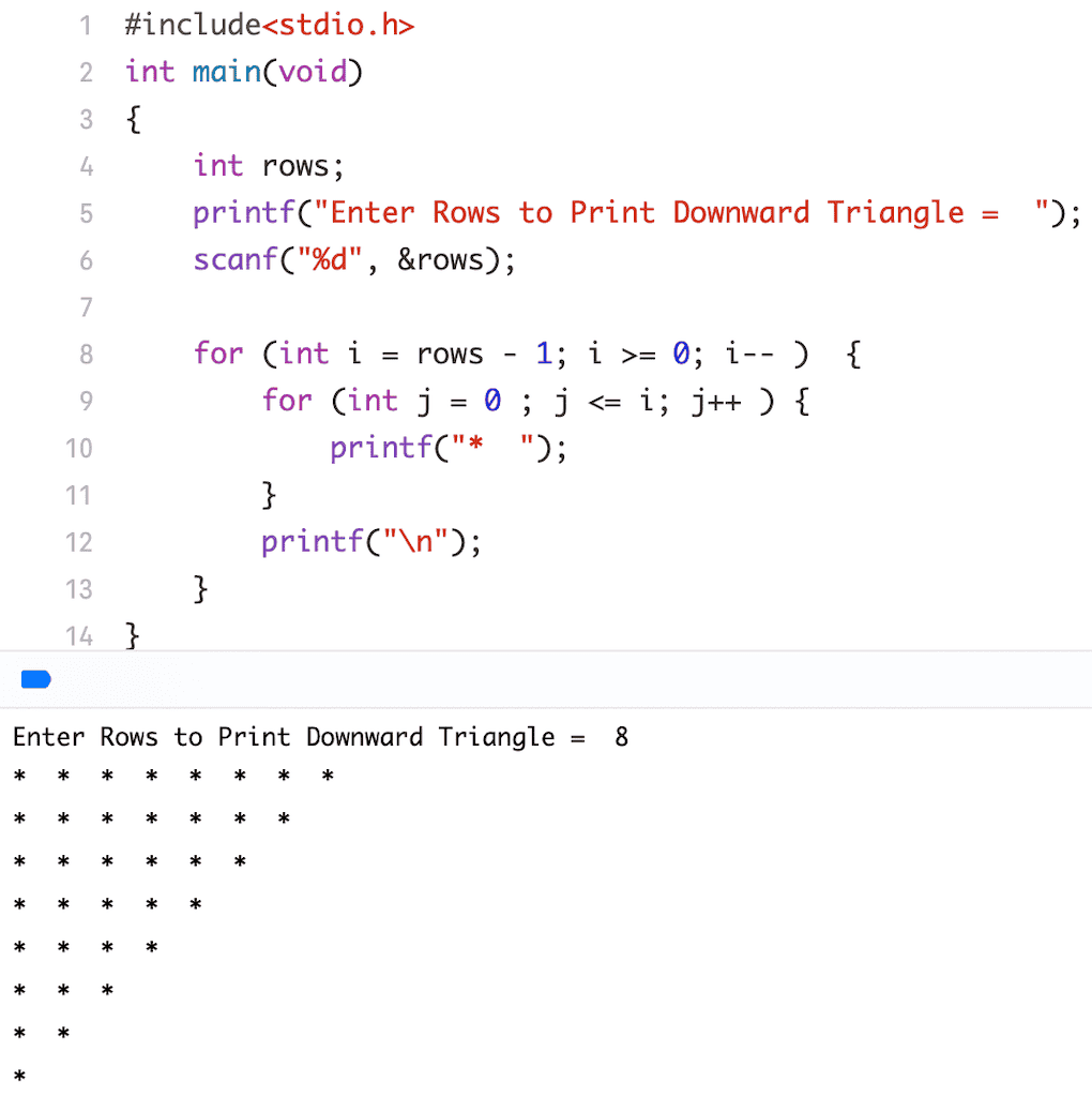 C Program to Print Downward Triangle Star Pattern