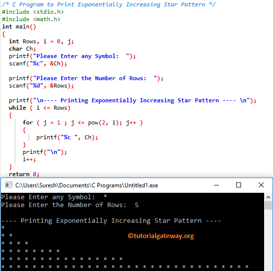 C Program to Print Exponentially Increasing Star Pattern 3