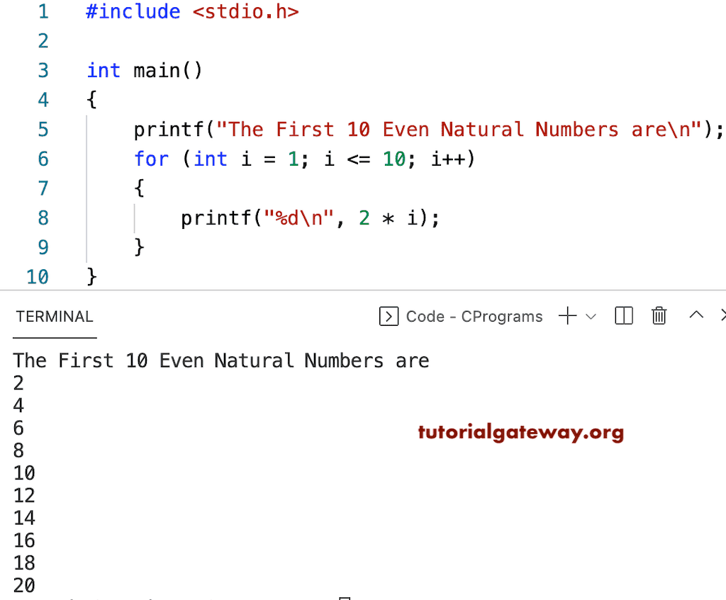 C Program to Print First 10 Even Natural Numbers