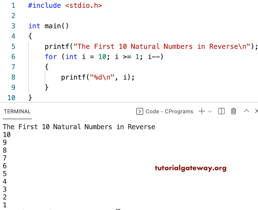 C Program to Print First 10 Natural Numbers in Reverse