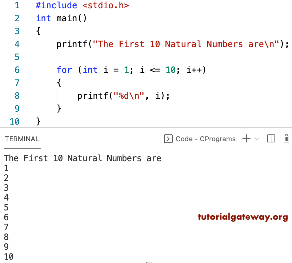C Program to Print First 10 Natural Numbers