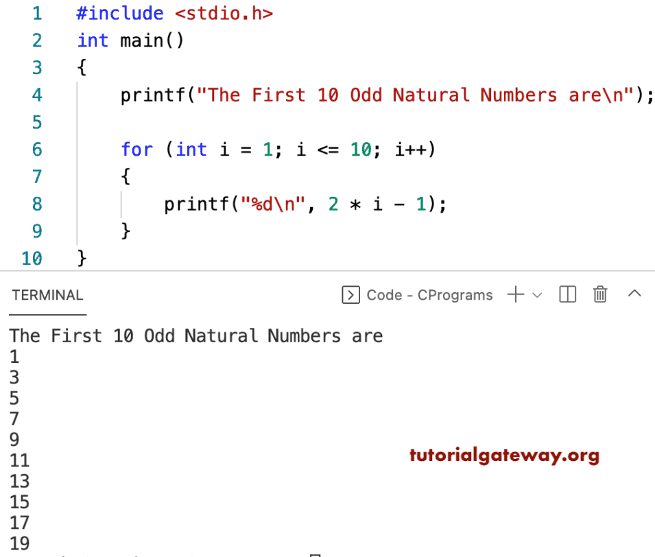 C Program to Print First 10 Odd Natural Numbers
