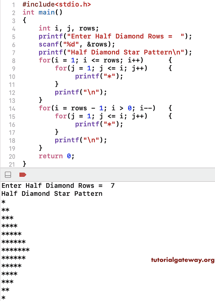C Program to Print Half Diamond Star Pattern