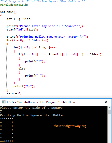 C Program to Print Hollow Square Star Pattern 1