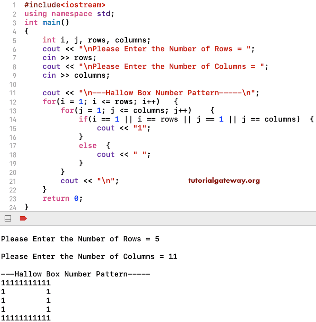 C++ Program to Print Hollow Box Number Pattern