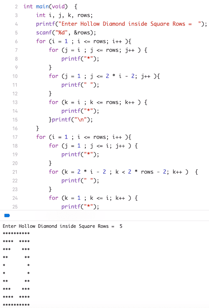 C Program to Print Hollow Diamond Pattern inside a Square