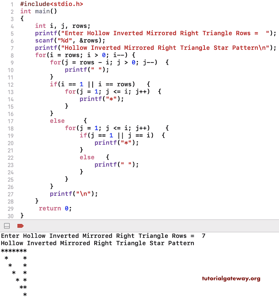 C Program to Print Hollow Inverted Mirrored Right Triangle Star Pattern