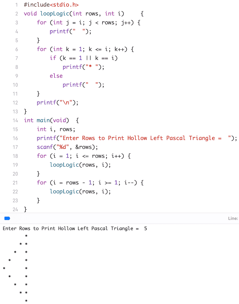 C Program to Print Hollow Left Pascal Triangle Star Pattern