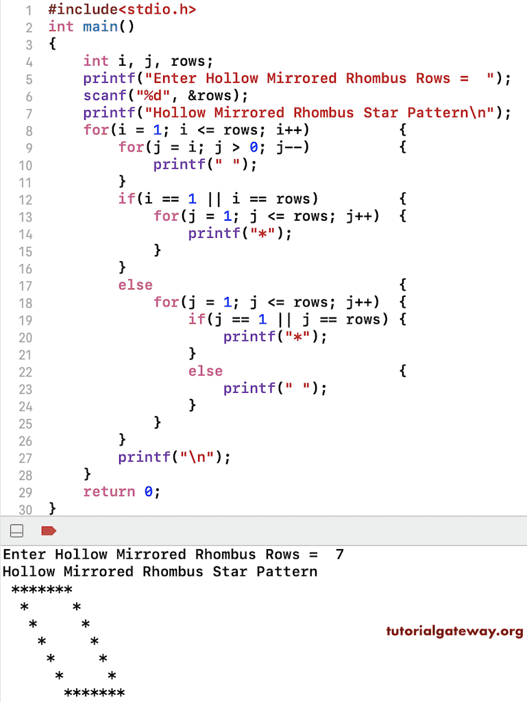 C Program to Print Hollow Mirrored Rhombus Star Pattern
