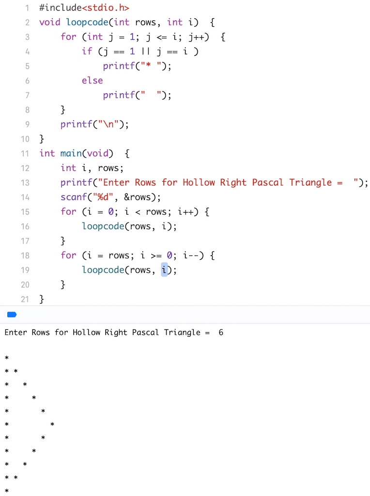 C Program to Print Hollow Right Pascal Triangle Star Pattern