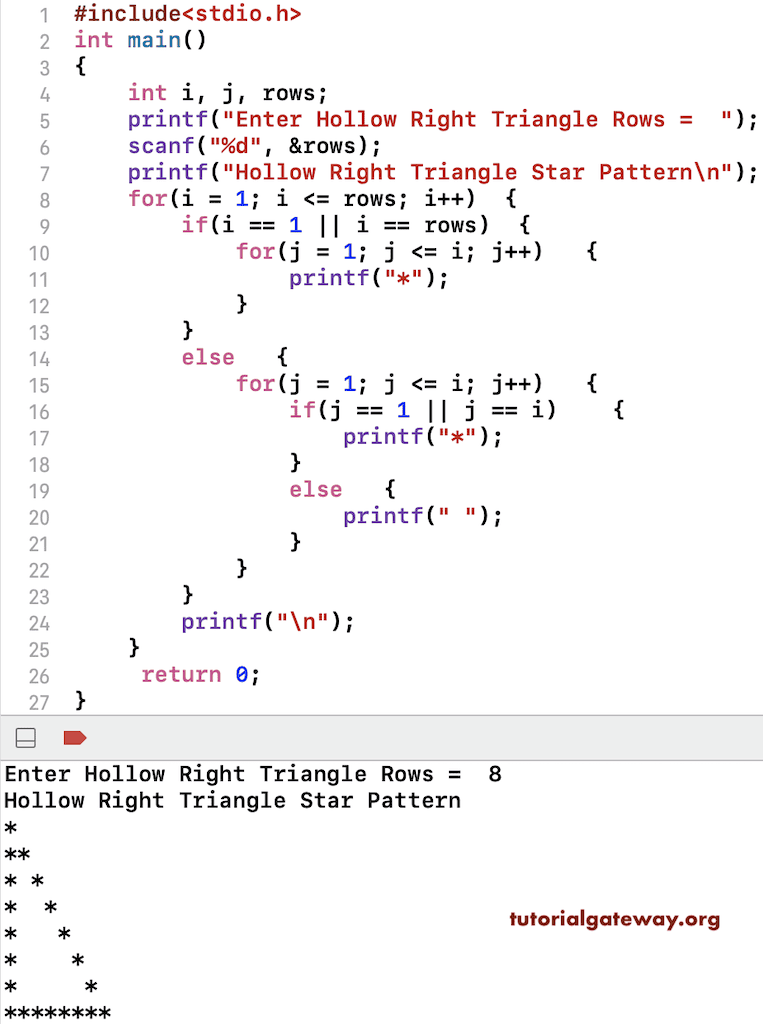 C Program to Print Hollow Right Triangle Star Pattern