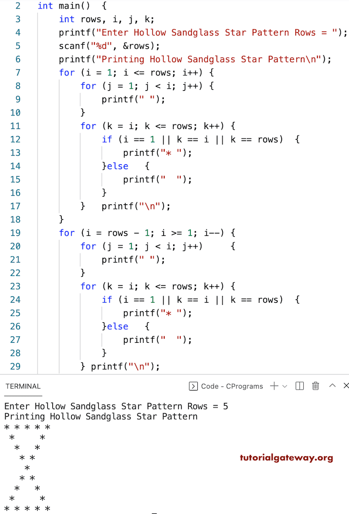 C Program to Print Hollow Sandglass Star Pattern