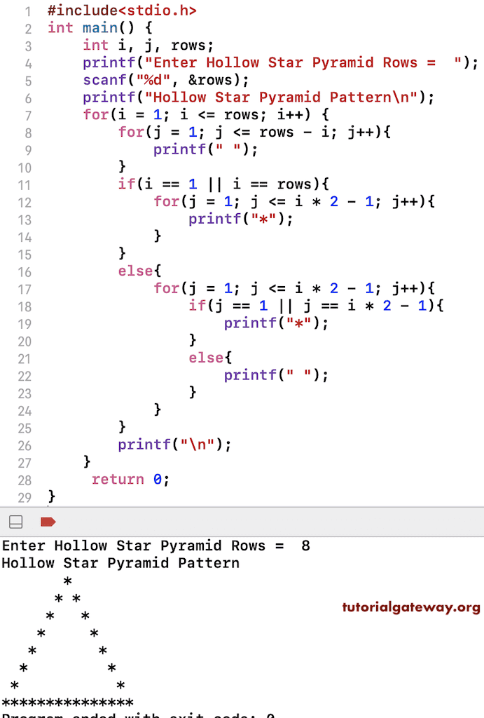 C Program to print Hollow Star Pyramid Pattern
