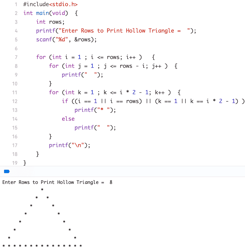 C Program to Print Hollow Triangle Star Pattern
