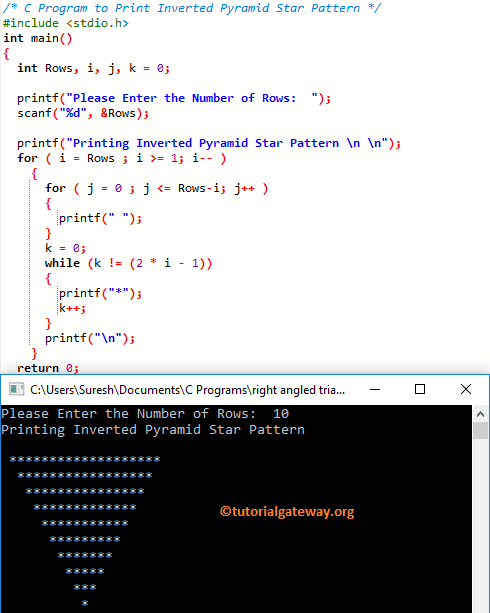 C Program to Print Inverted Pyramid Star Pattern 1