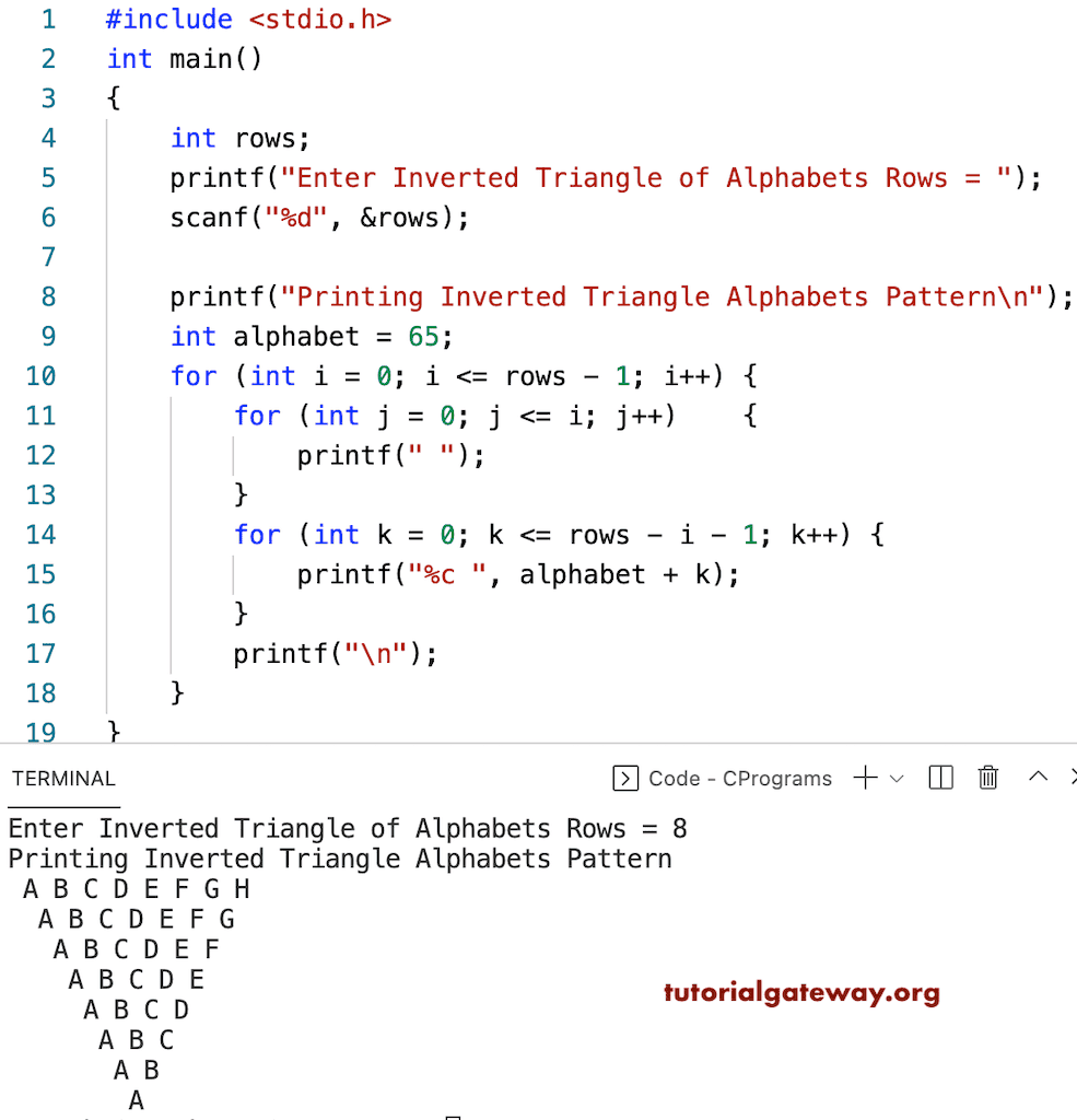 C Program to Print Inverted Triangle Alphabets Pattern