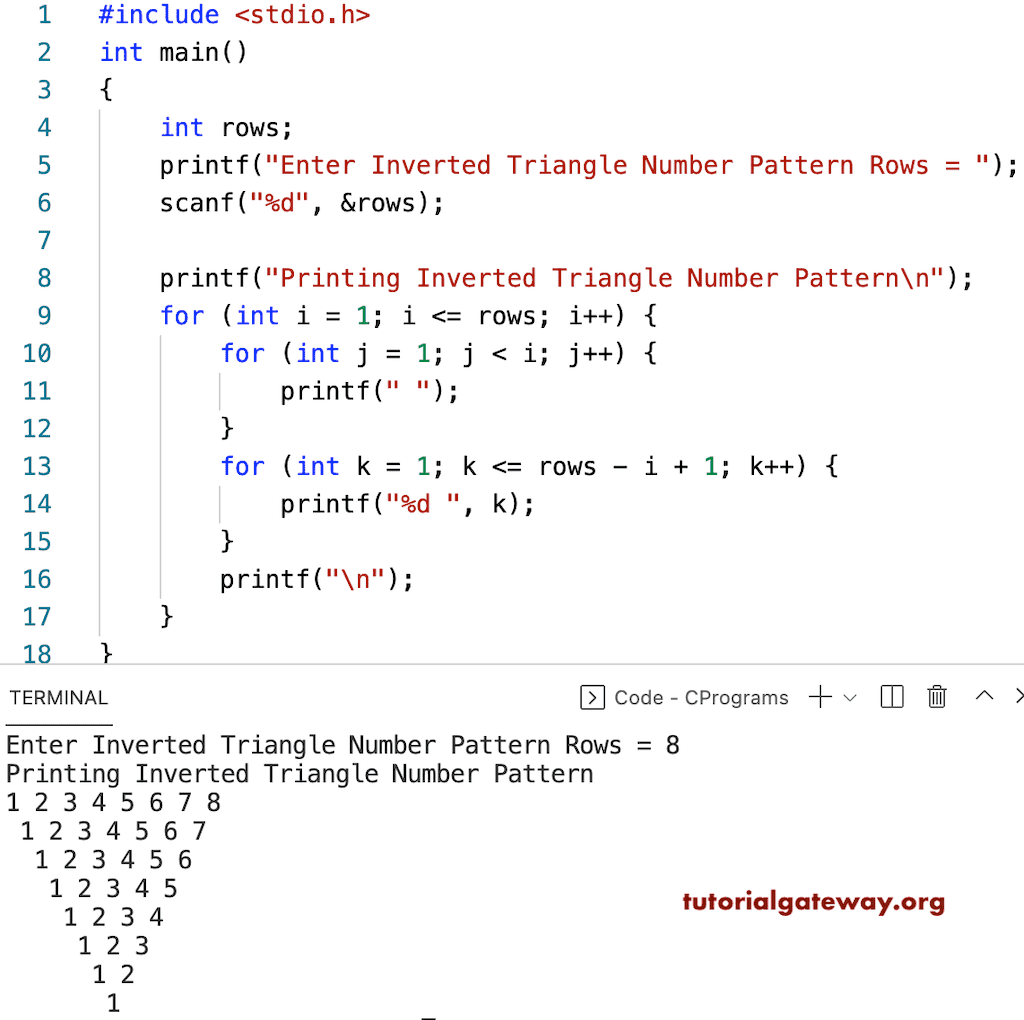 C Program to Print Inverted Triangle Numbers Pattern