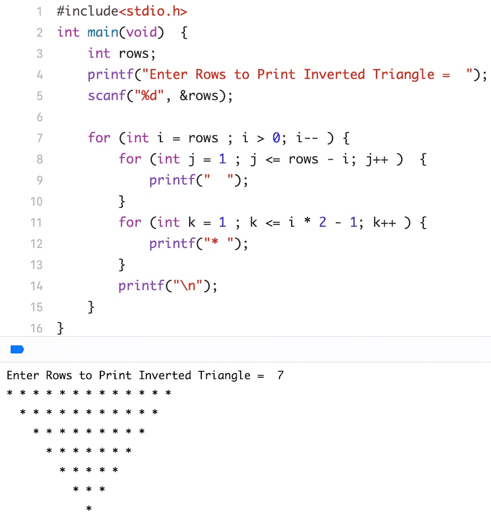C Program to Print Inverted Triangle Star Pattern