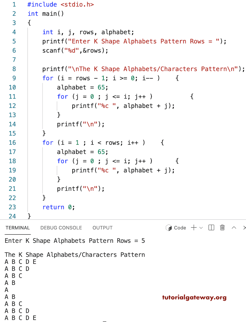 C Program to Print K Shape Alphabets Pattern