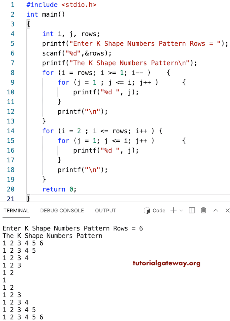 C Program to Print K Shape Number Pattern