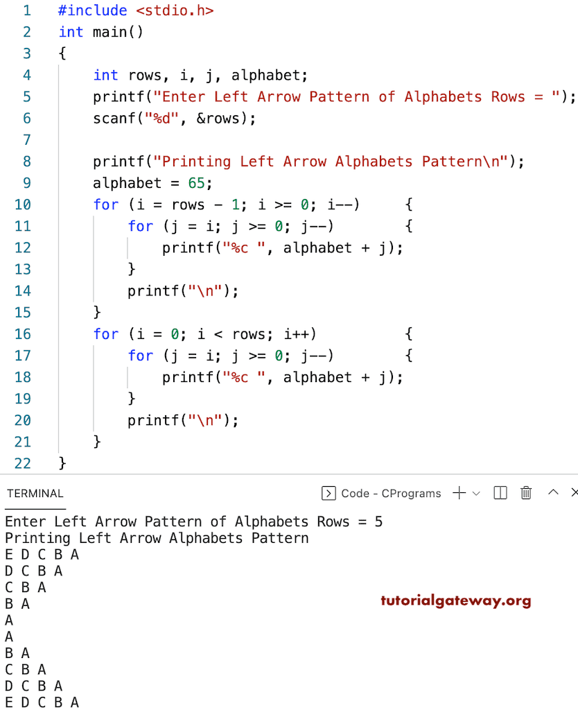 C Program to Print Left Arrow Alphabets Pattern