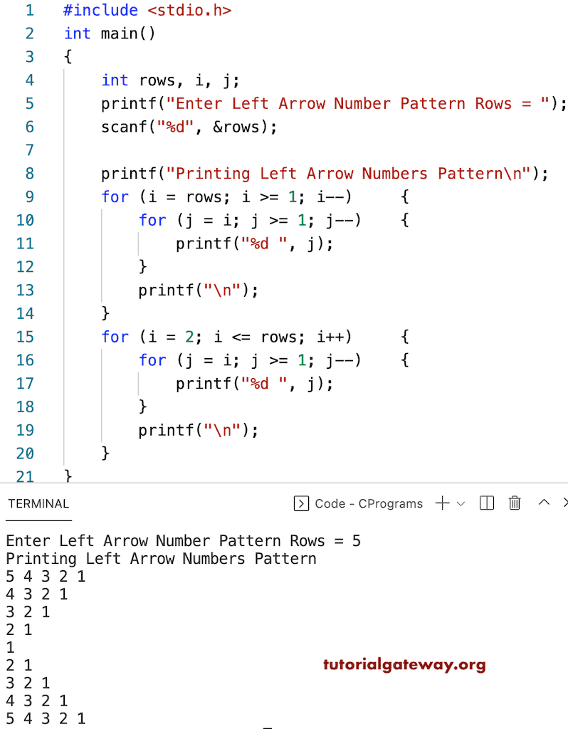 C Program to Print Left Arrow Numbers Pattern