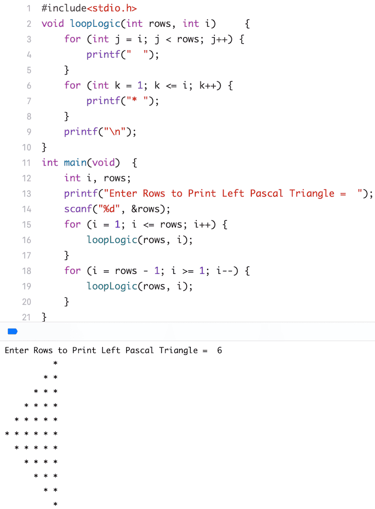 C Program to Print Left Pascal Triangle Star Pattern