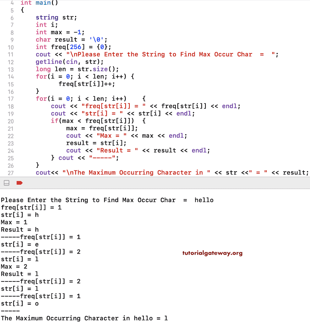 C++ Program to Print Maximum Occurring Character in a String