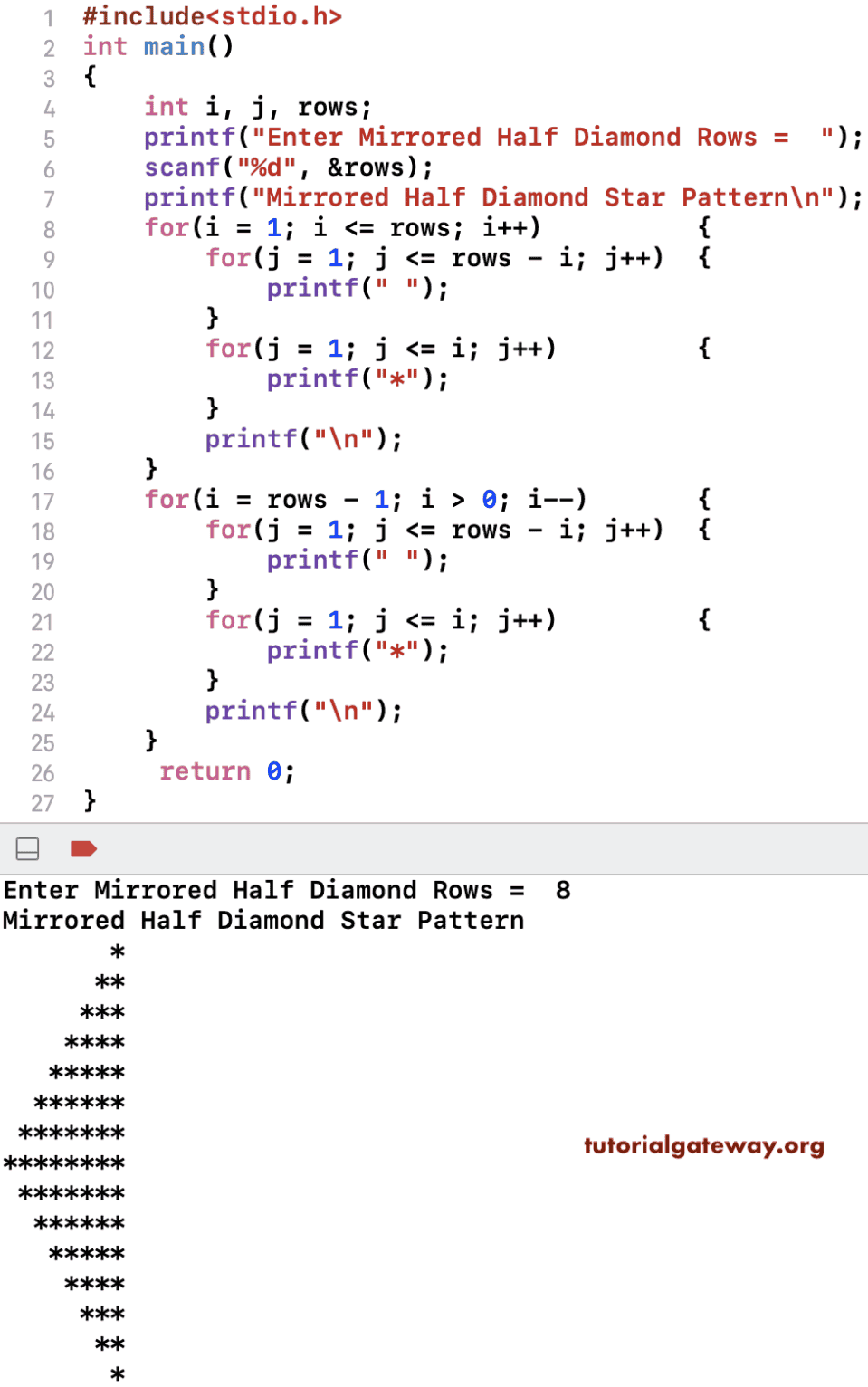 C Program to Print Mirrored Half Diamond Star Pattern