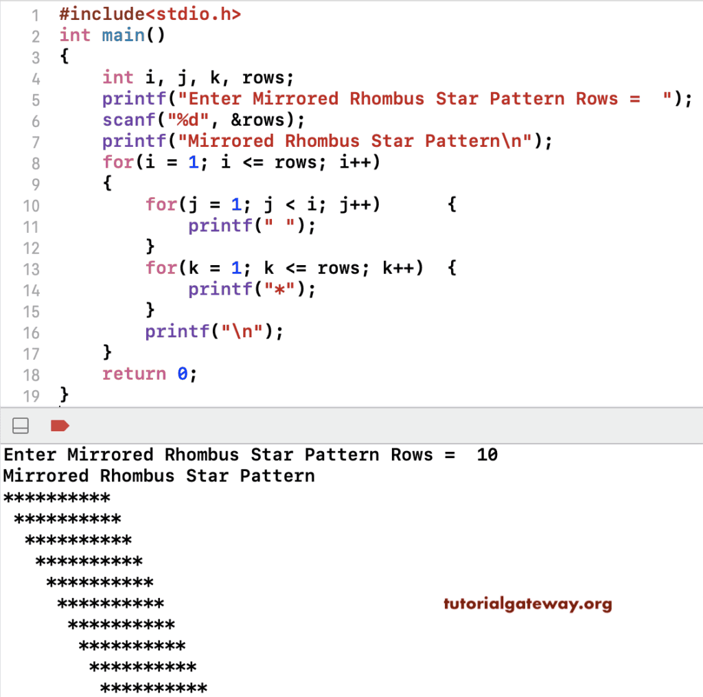 C Program to Print Mirrored Rhombus Star Pattern