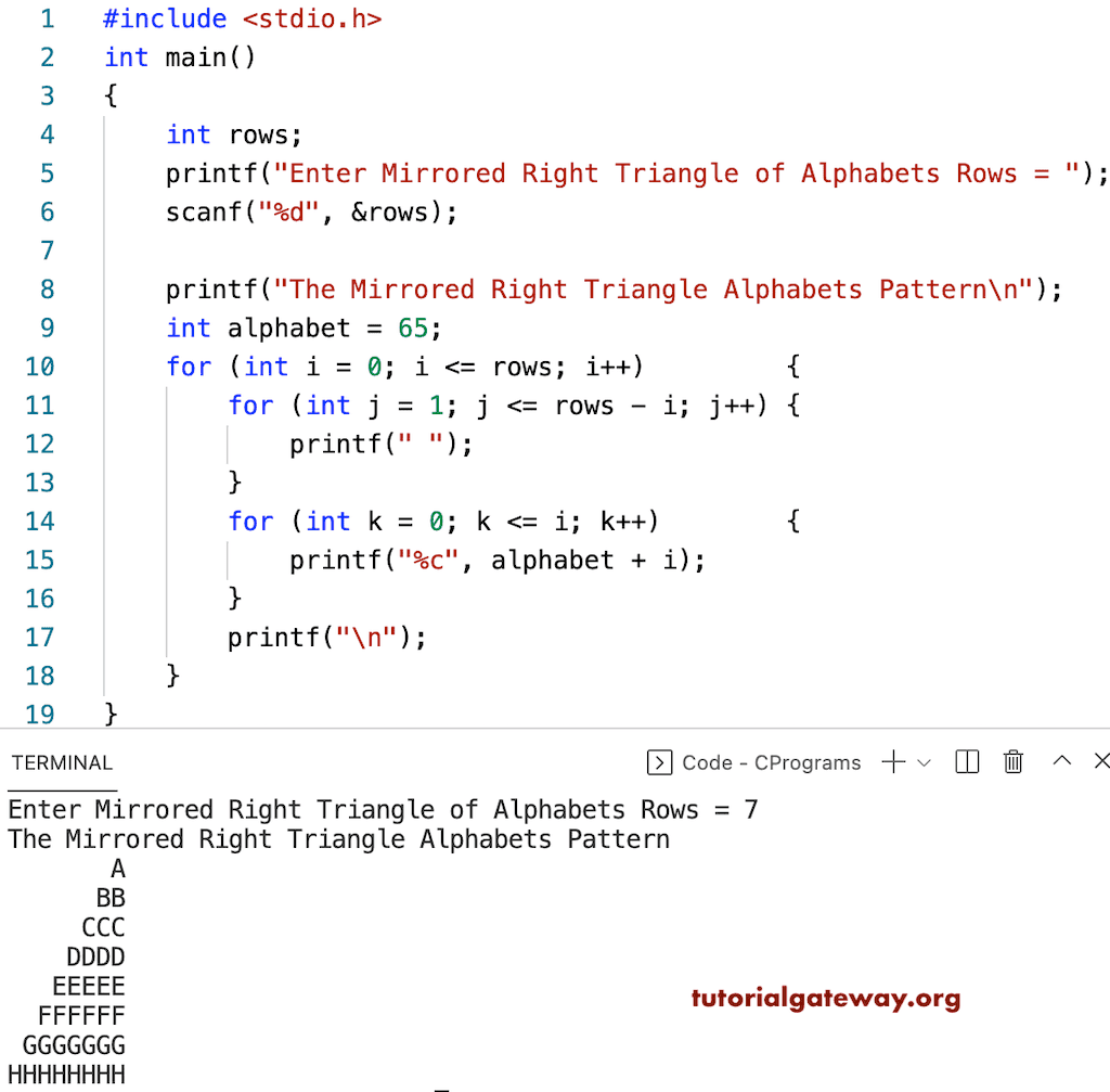 C Program to Print Mirrored Right Triangle Alphabets Pattern