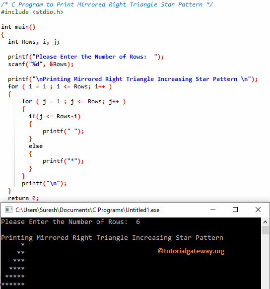 C Program to Print Mirrored Right Triangle Star Pattern 1