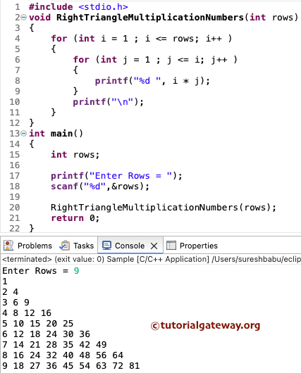 Print Multiplication Numbers in Right Triangle