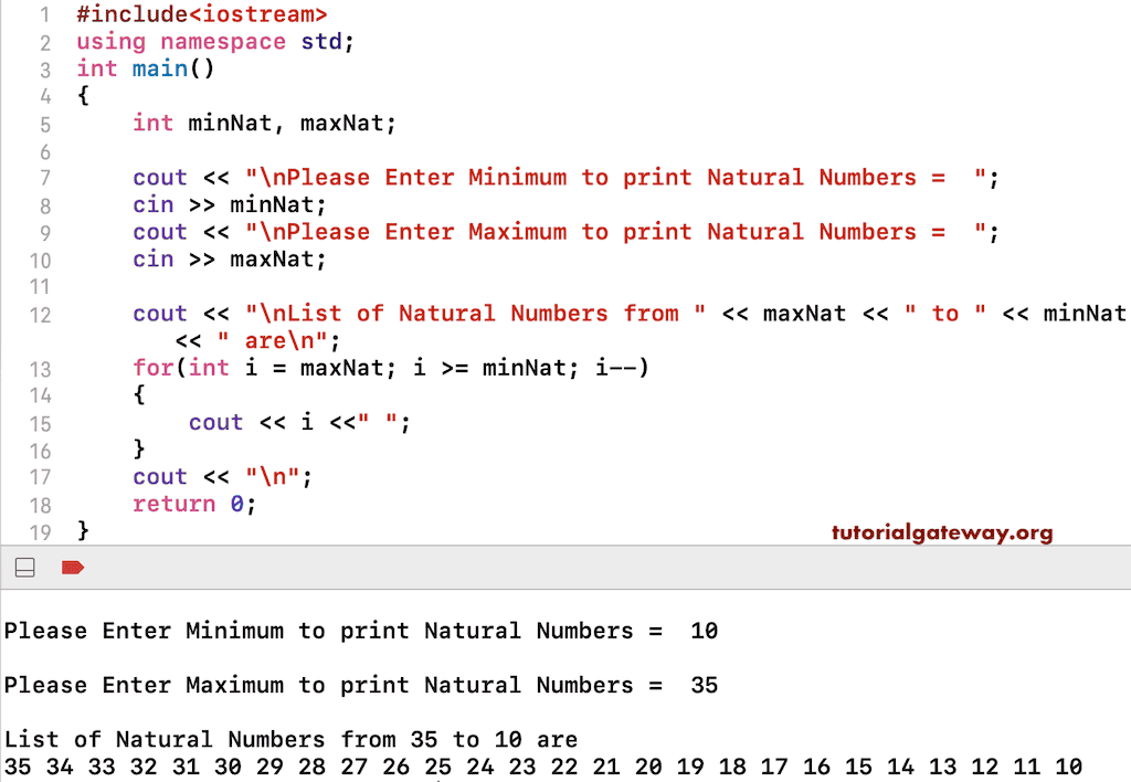 C++ program to Print Natural Numbers in Reverse