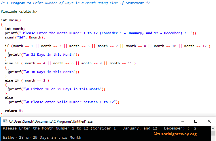C Program to Print Number of Days in a Month using Else If Statement 1