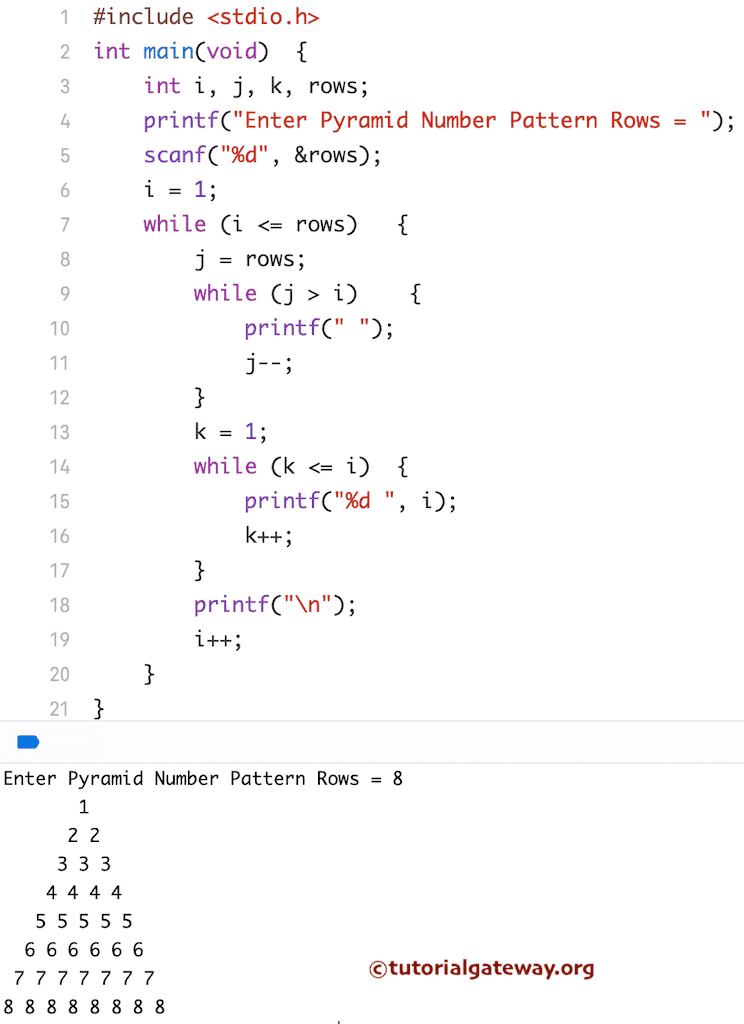 Print Pyramid Numbers Pattern using while loop