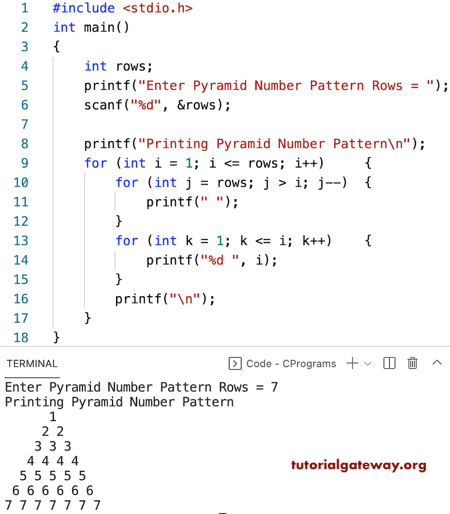 Program to Print Pyramid Numbers Pattern using for loop