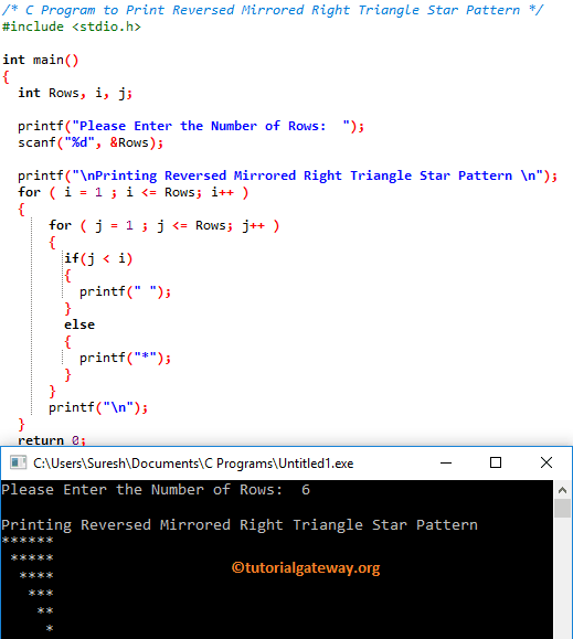 C Program to Print Reversed Mirrored Right Triangle Star Pattern 1