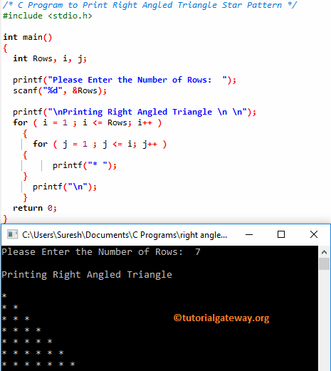 C Program to Print Right Angled Triangle Star Pattern 1