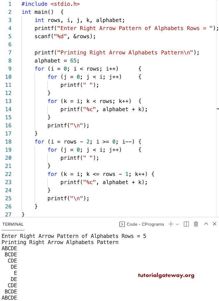 C Program to Print Right Arrow Alphabets Pattern