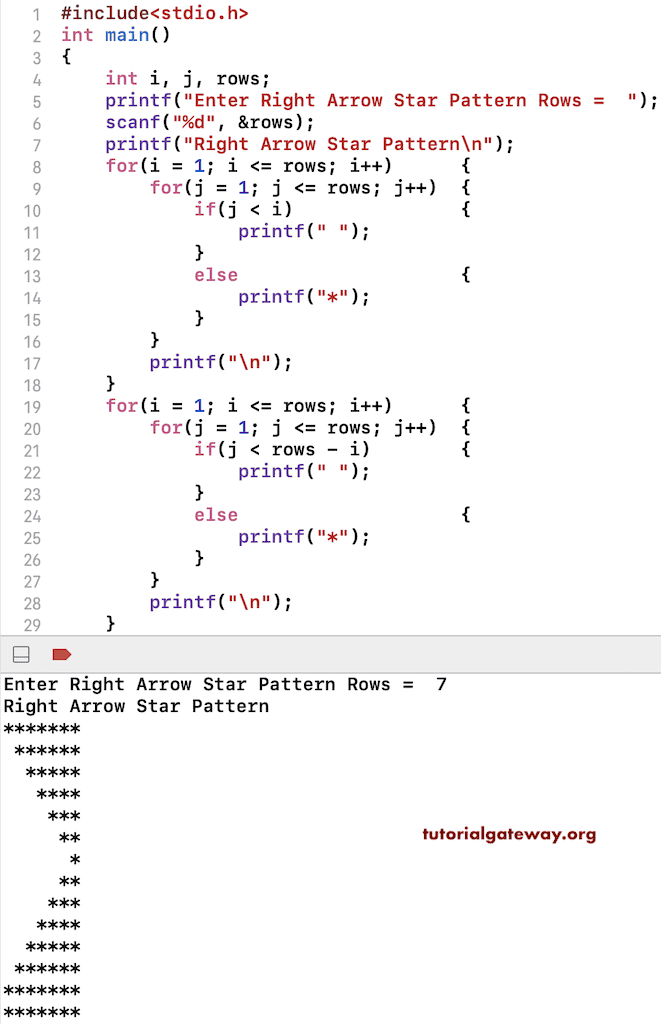 C Program to Print Right Arrow Star Pattern