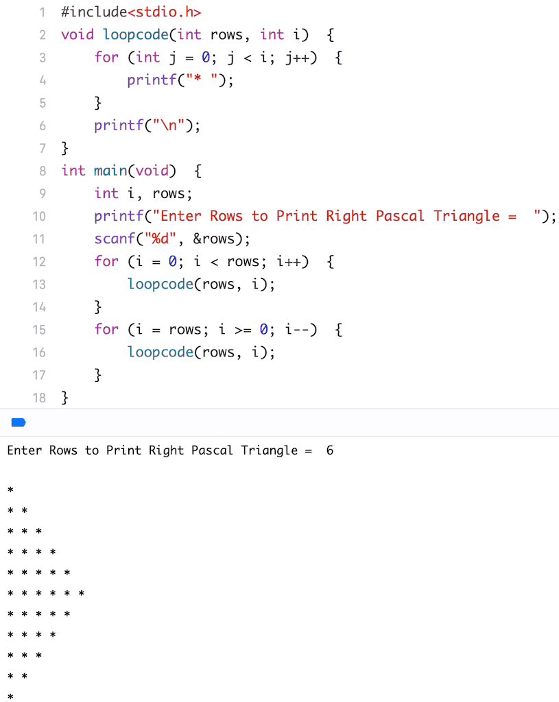 C Program to Print Right Pascal Triangle Star Pattern