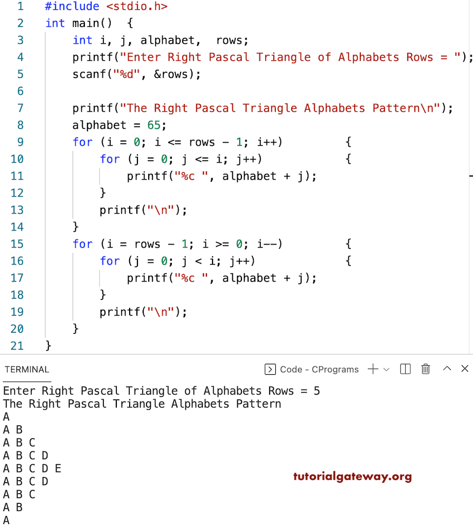 C Program to Print Right Pascals Triangle Alphabets Pattern