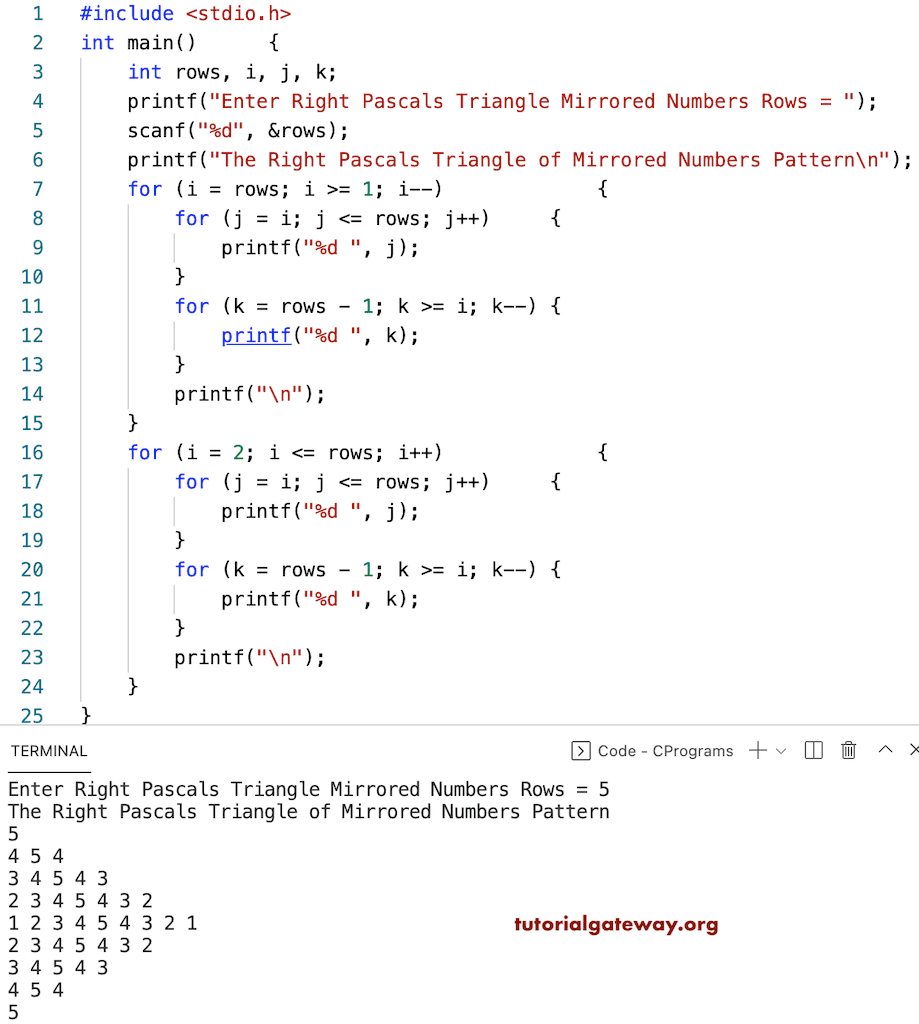 C Program to Print Right Pascals Triangle of Mirrored Numbers Pattern