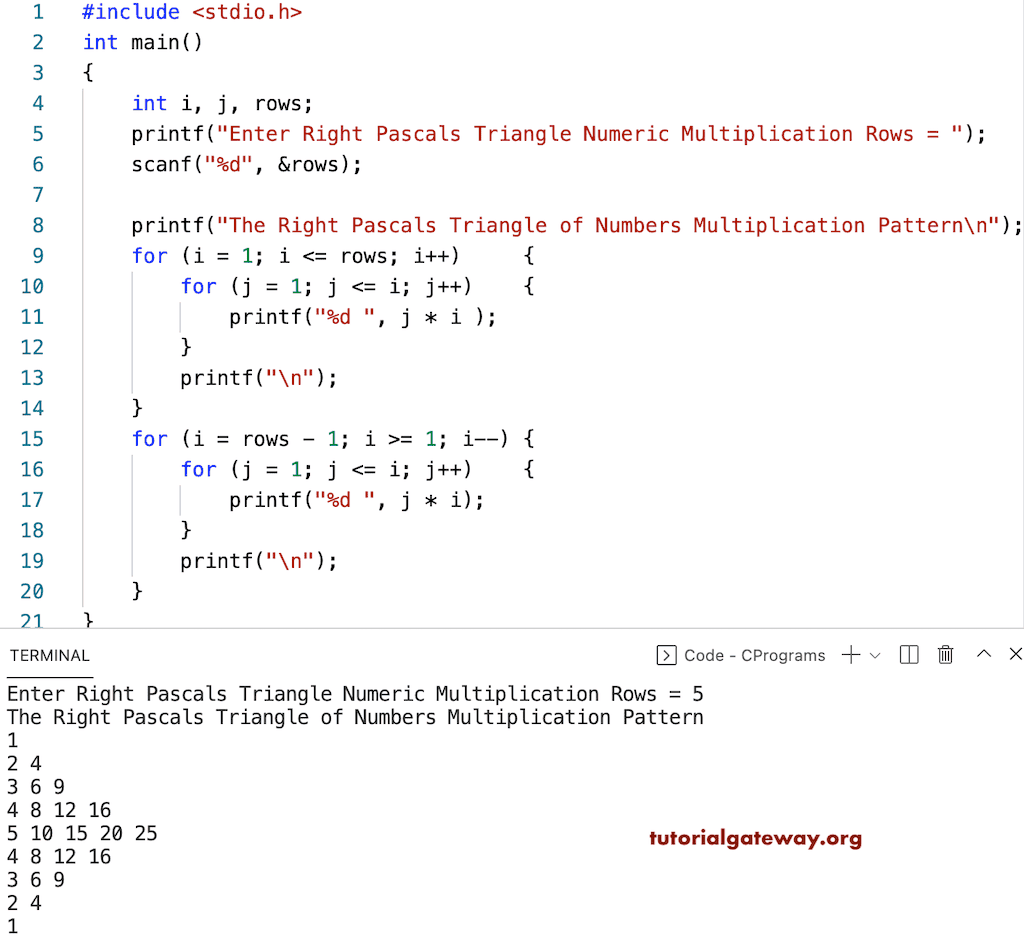 C Program to Print Right Pascals Triangle of Multiplication Numbers Pattern