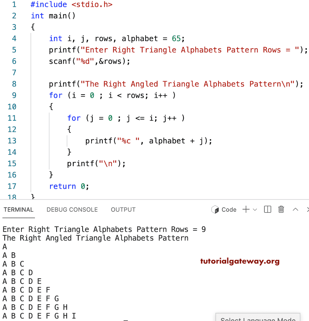 C Program to Print Right Triangle Alphabets Pattern